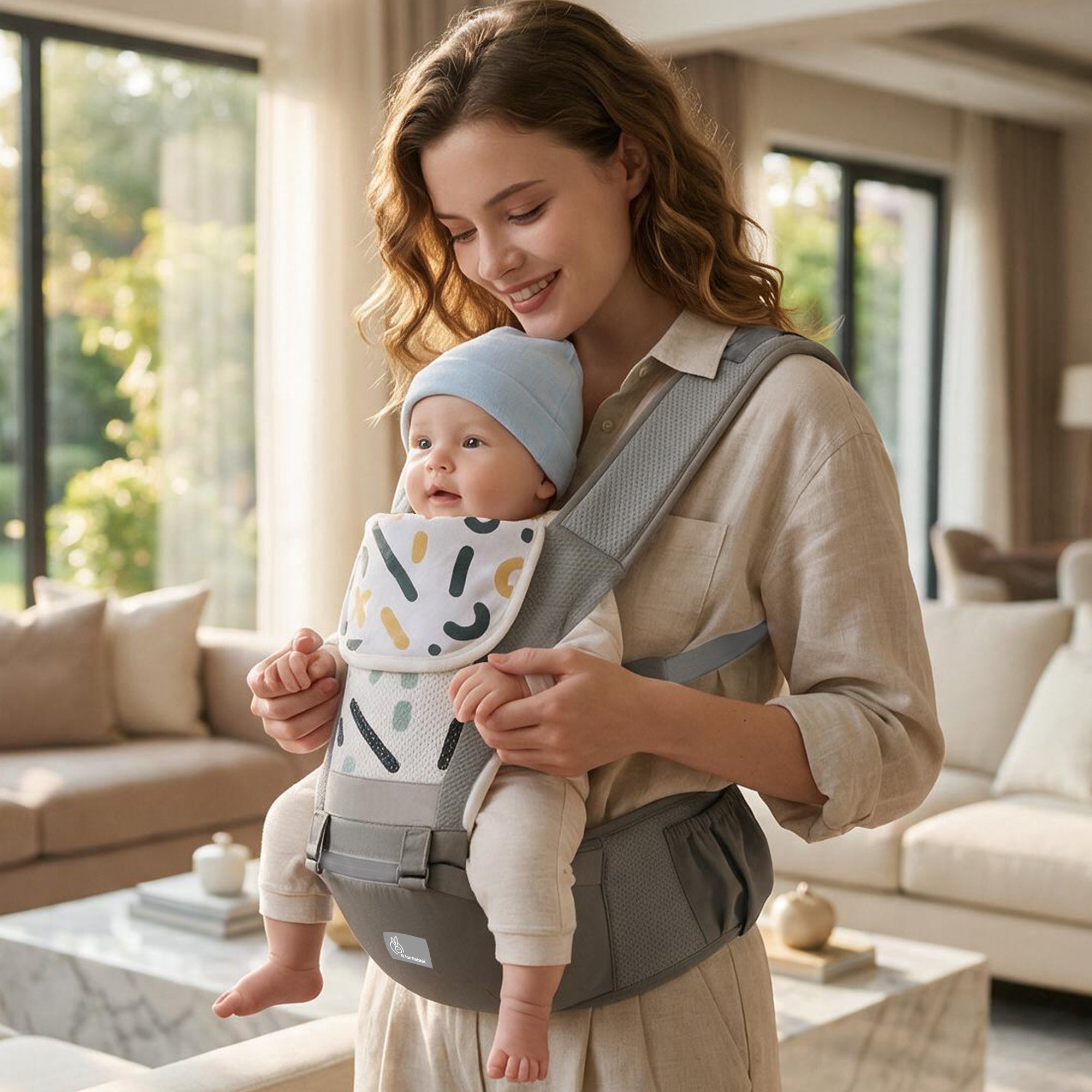 CuddleUp Care 5 in 1 Baby Carrier with 3D Silicone Anti-Slip Hip Seat and Lumbar Support – Abstract Grey