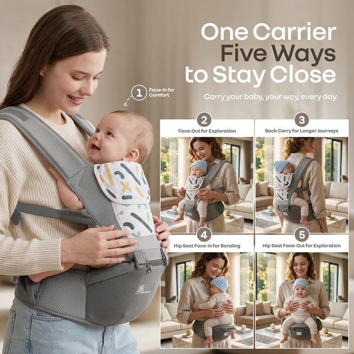 CuddleUp Care 5 in 1 Baby Carrier with 3D Silicone Anti-Slip Hip Seat and Lumbar Support – Abstract Grey