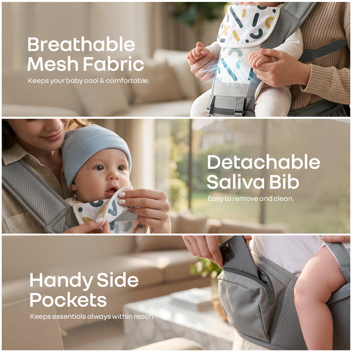 CuddleUp Care 5 in 1 Baby Carrier with 3D Silicone Anti-Slip Hip Seat and Lumbar Support – Abstract Grey