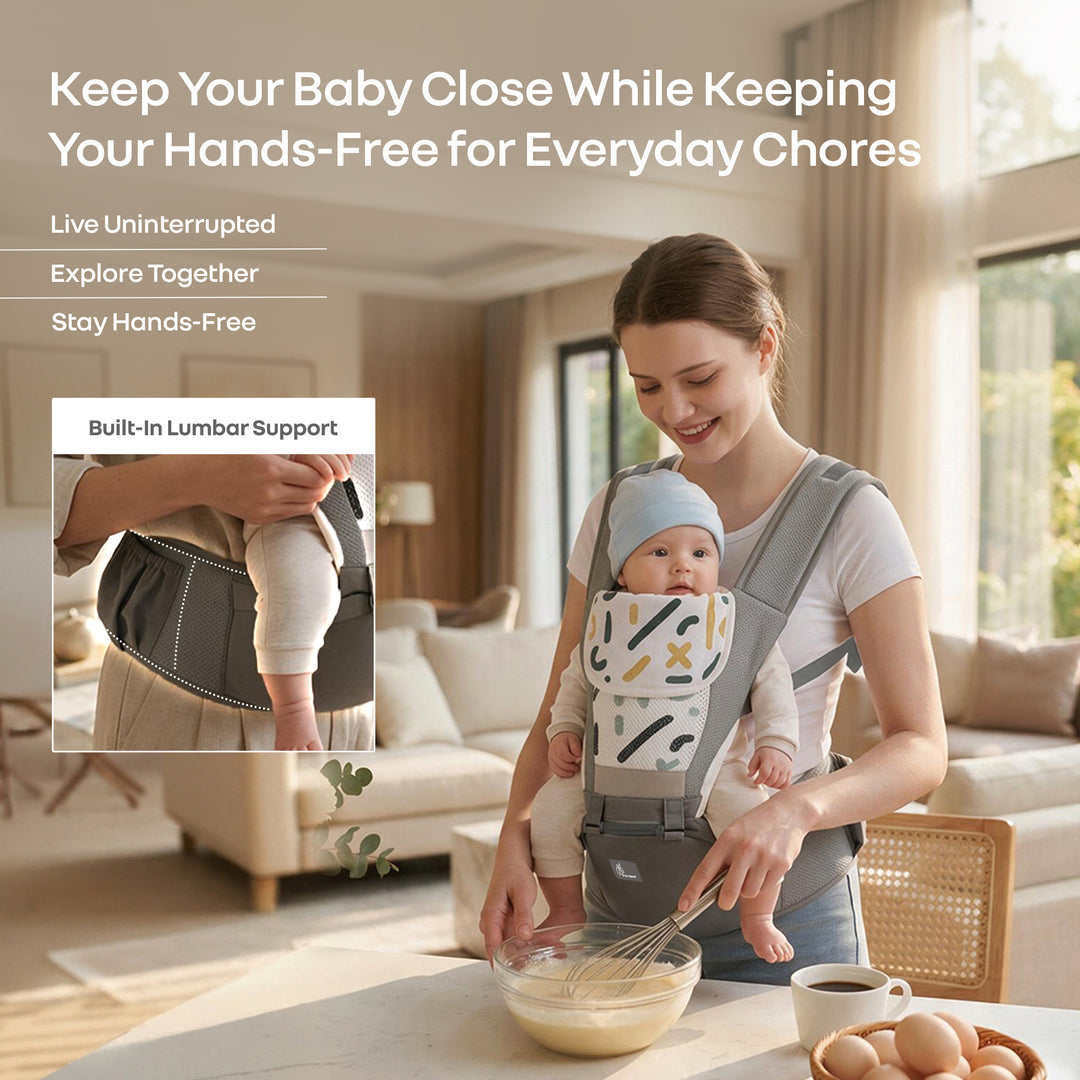 CuddleUp Care 5 in 1 Baby Carrier with 3D Silicone Anti-Slip Hip Seat and Lumbar Support – Abstract Grey