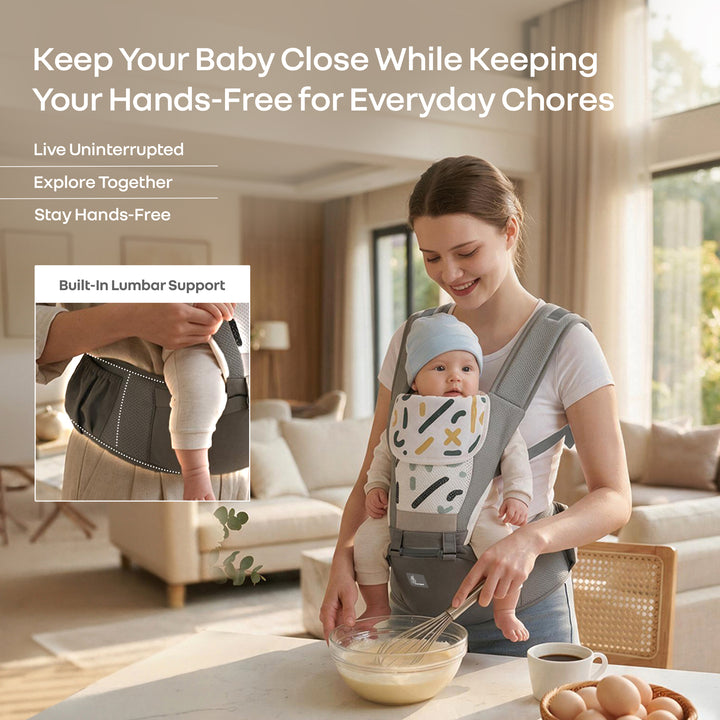 CuddleUp Care 5 in 1 Baby Carrier with 3D Silicone Anti-Slip Hip Seat and Lumbar Support – Abstract Grey