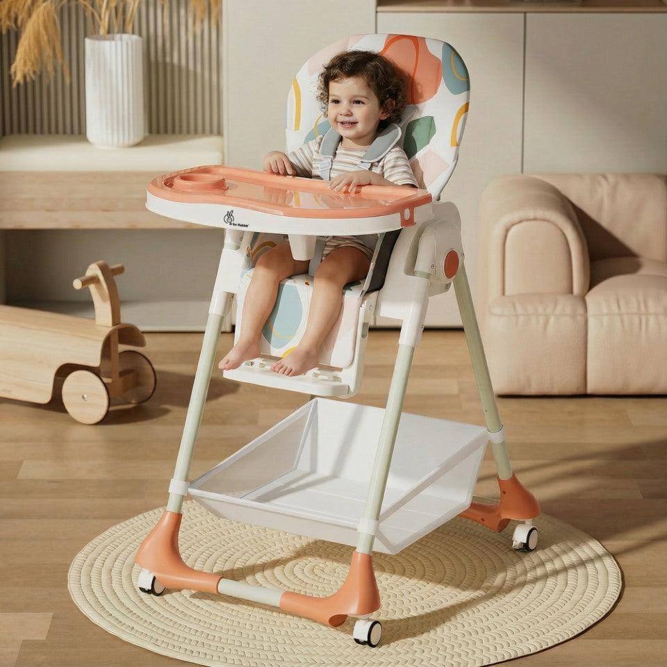 Marshmallow High Chair - 7 Level Height Adjustment, 3 Recline Modes, Adjustable & Removable Double Meal Tray, 6 months-5 years - Abstract Peach