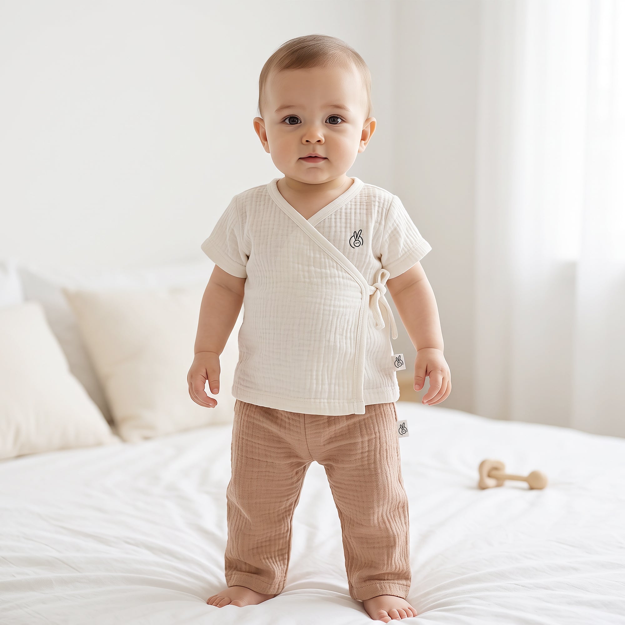 100% Crinkle Cotton Muslin Wrapover Top with Pant Set Multicolor 0-18Months