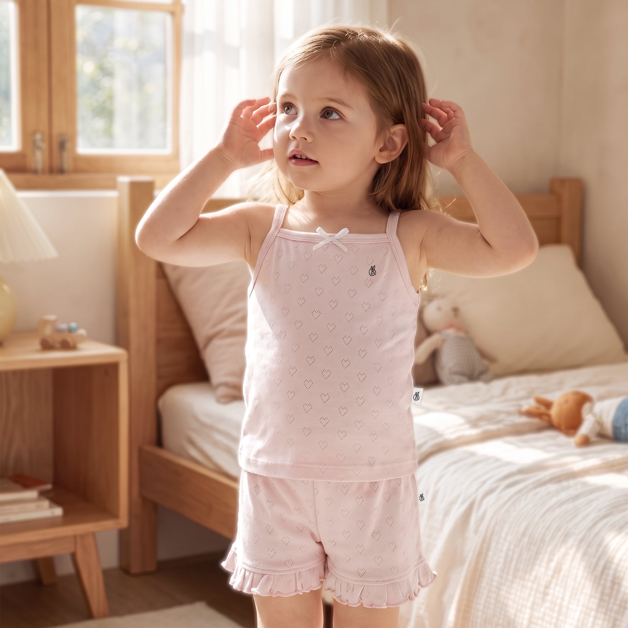 Mushmellow Peach Dust Pointelle Spaghetti Top With Frill Short - 2-4 Years