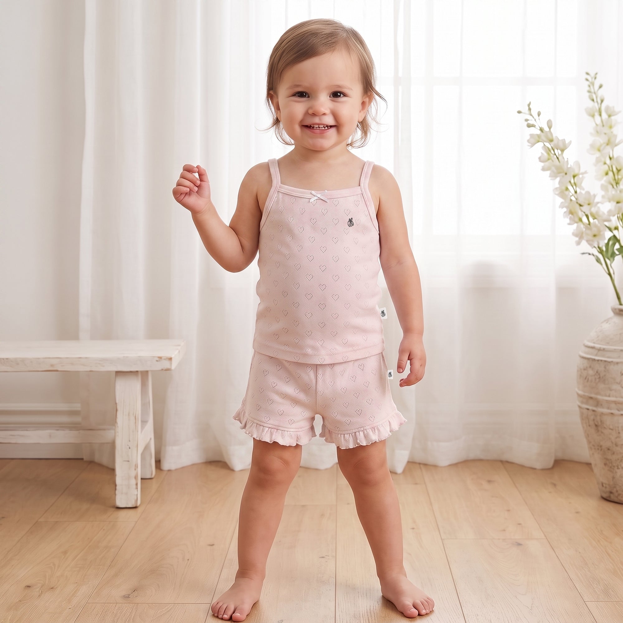 Mushmellow Peach Dust Pointelle Spaghetti Top With Frill Short