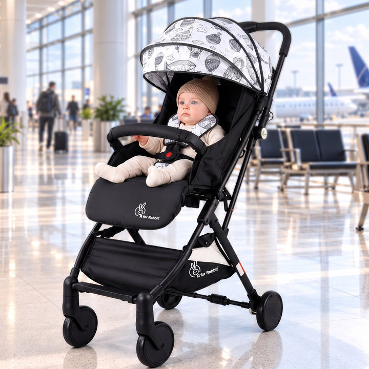 Pocket Stroller Lite One Hand Fold, Multi Recline, Light Weight, Travel Friendly, Adjustable Canopy, Steel Frame, Link Brake, 0-3 Years - Black White