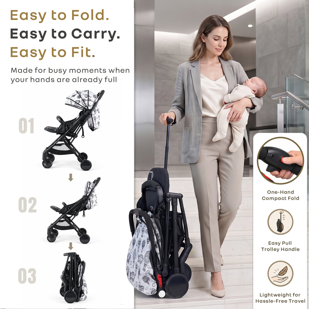 Pocket Stroller Lite One Hand Fold, Multi Recline, Light Weight, Travel Friendly, Adjustable Canopy, Steel Frame, Link Brake, 0-3 Years - Black White