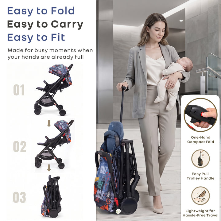 Pocket Stroller Lite One Hand Fold, Multi Recline, Light Weight, Travel Friendly, Adjustable Canopy, Steel Frame, Link Brake, 0-3 Years - Grey