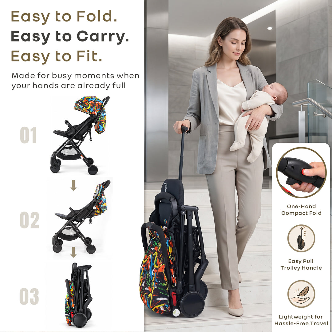 Pocket Stroller Lite One Hand Fold, Multi Recline, Light Weight, Travel Friendly, Adjustable Canopy, Steel Frame, Link Brake, 0-3 Years - Black Multi
