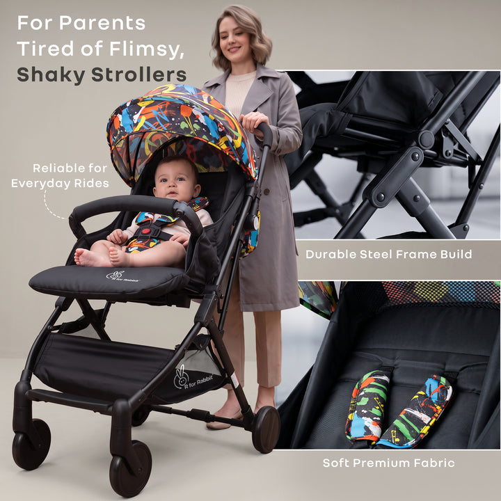 Pocket Stroller Lite One Hand Fold, Multi Recline, Light Weight, Travel Friendly, Adjustable Canopy, Steel Frame, Link Brake, 0-3 Years - Black Multi