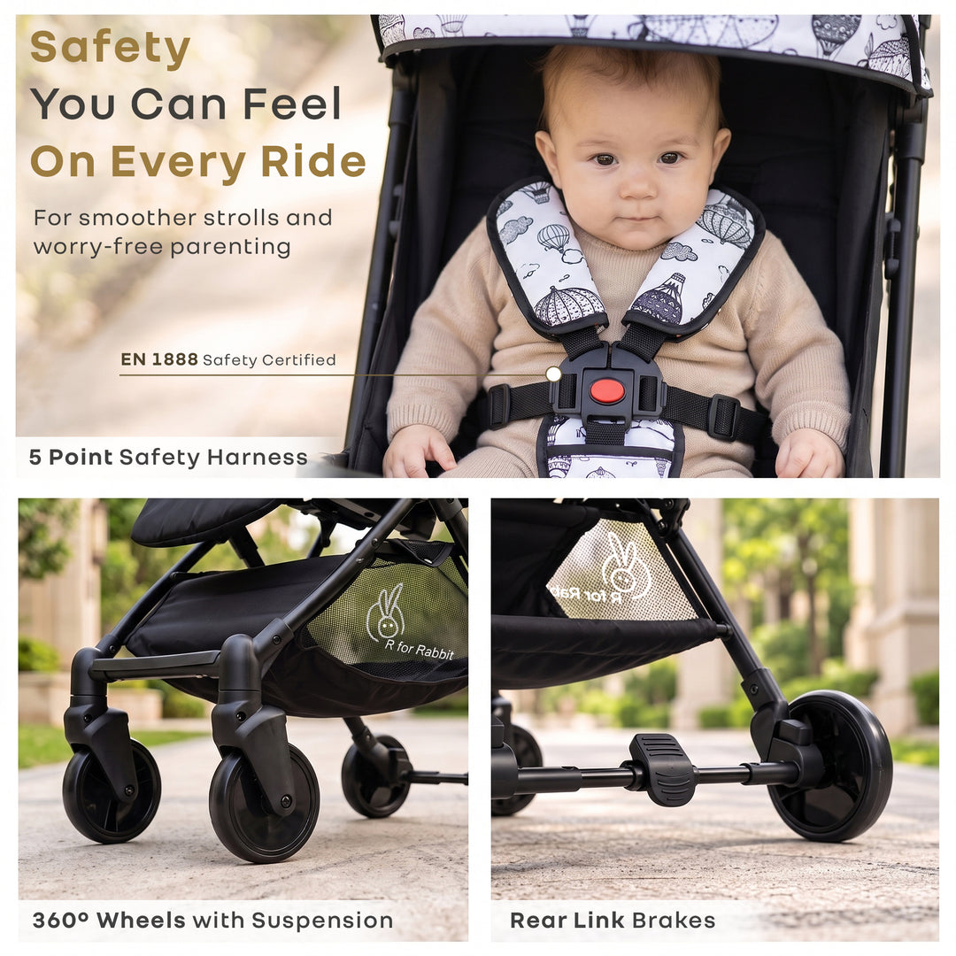 Pocket Stroller Lite One Hand Fold, Multi Recline, Light Weight, Travel Friendly, Adjustable Canopy, Steel Frame, Link Brake, 0-3 Years - Black White