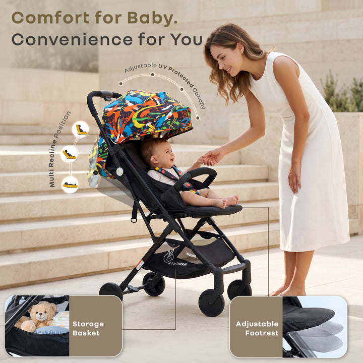 Pocket Stroller Lite One Hand Fold, Multi Recline, Light Weight, Travel Friendly, Adjustable Canopy, Steel Frame, Link Brake, 0-3 Years - Black Multi