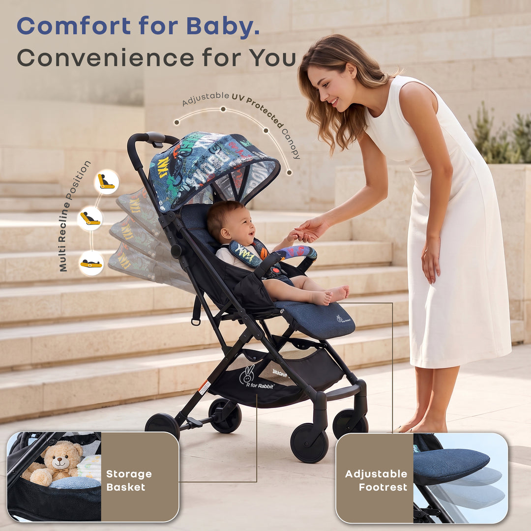 Pocket Stroller Lite One Hand Fold, Multi Recline, Light Weight, Travel Friendly, Adjustable Canopy, Steel Frame, Link Brake, 0-3 Years - Grey