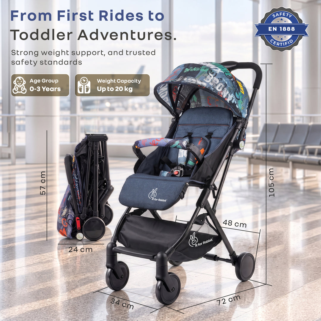 Pocket Stroller Lite One Hand Fold, Multi Recline, Light Weight, Travel Friendly, Adjustable Canopy, Steel Frame, Link Brake, 0-3 Years - Grey
