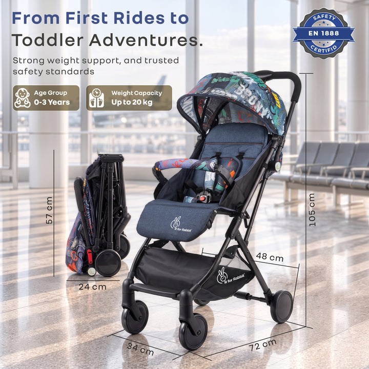 Pocket Stroller Lite One Hand Fold, Multi Recline, Light Weight, Travel Friendly, Adjustable Canopy, Steel Frame, Link Brake, 0-3 Years - Grey