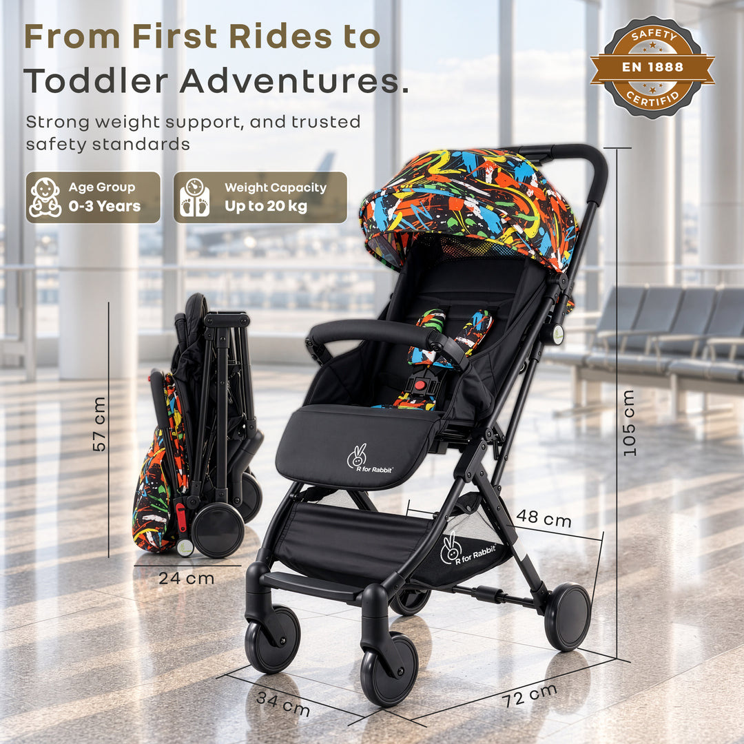 Pocket Stroller Lite One Hand Fold, Multi Recline, Light Weight, Travel Friendly, Adjustable Canopy, Steel Frame, Link Brake, 0-3 Years - Black Multi