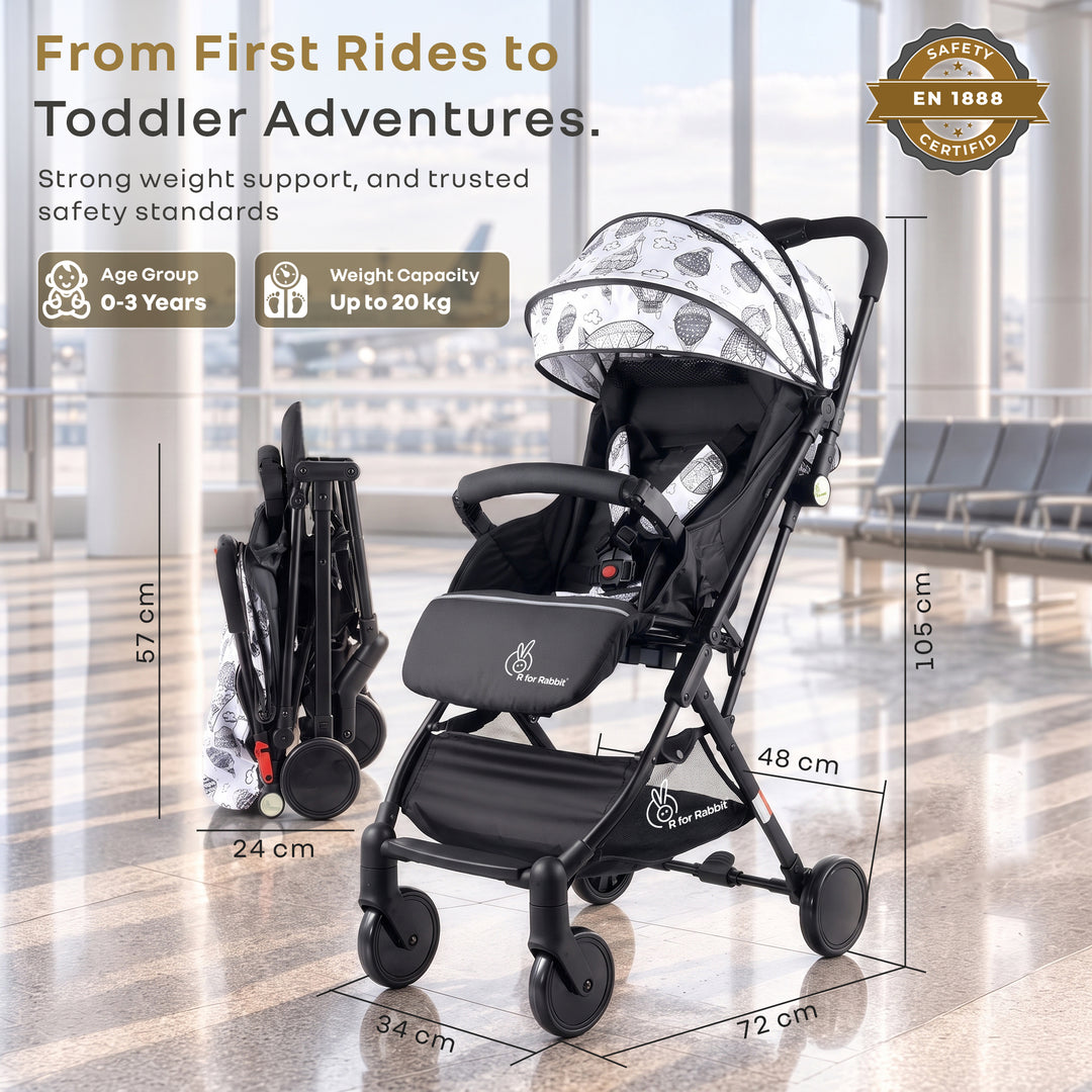 Pocket Stroller Lite One Hand Fold, Multi Recline, Light Weight, Travel Friendly, Adjustable Canopy, Steel Frame, Link Brake, 0-3 Years - Black White