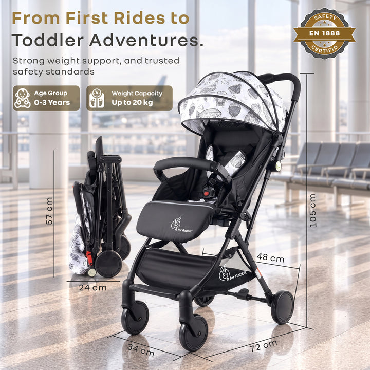 Pocket Stroller Lite One Hand Fold, Multi Recline, Light Weight, Travel Friendly, Adjustable Canopy, Steel Frame, Link Brake, 0-3 Years - Black White