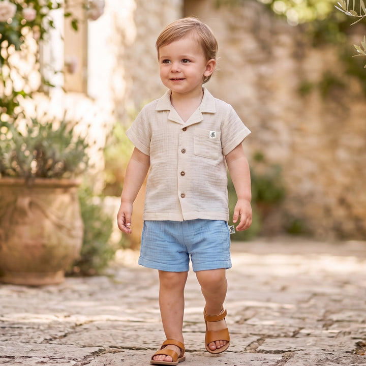 Pastelpops Off White & Powder Blue Cotton Crinkle Front Open Shirt With Shorts - 2-4 Years