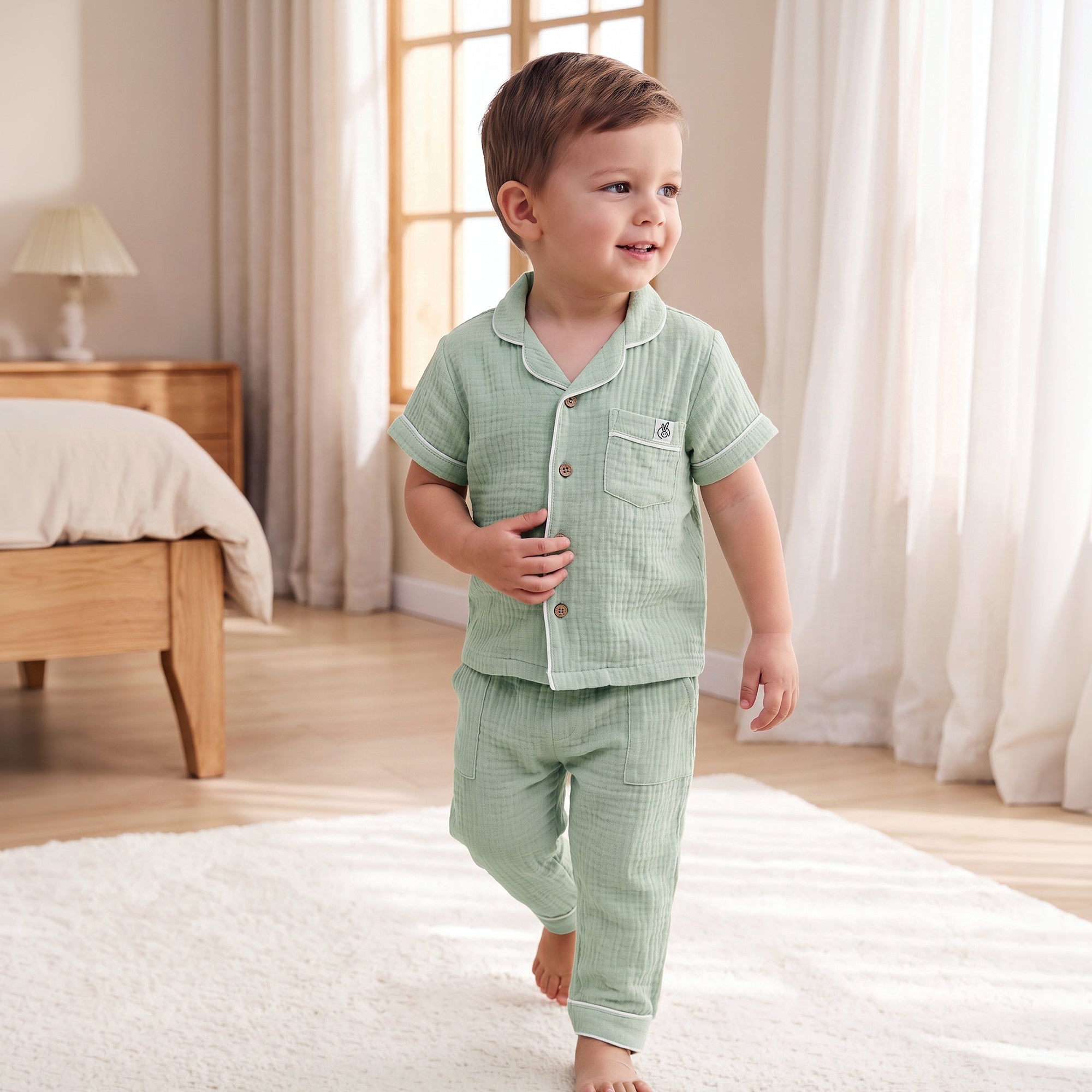 100% Crinkle Cotton Muslin Night Suit Set Sage Green 2-4Years