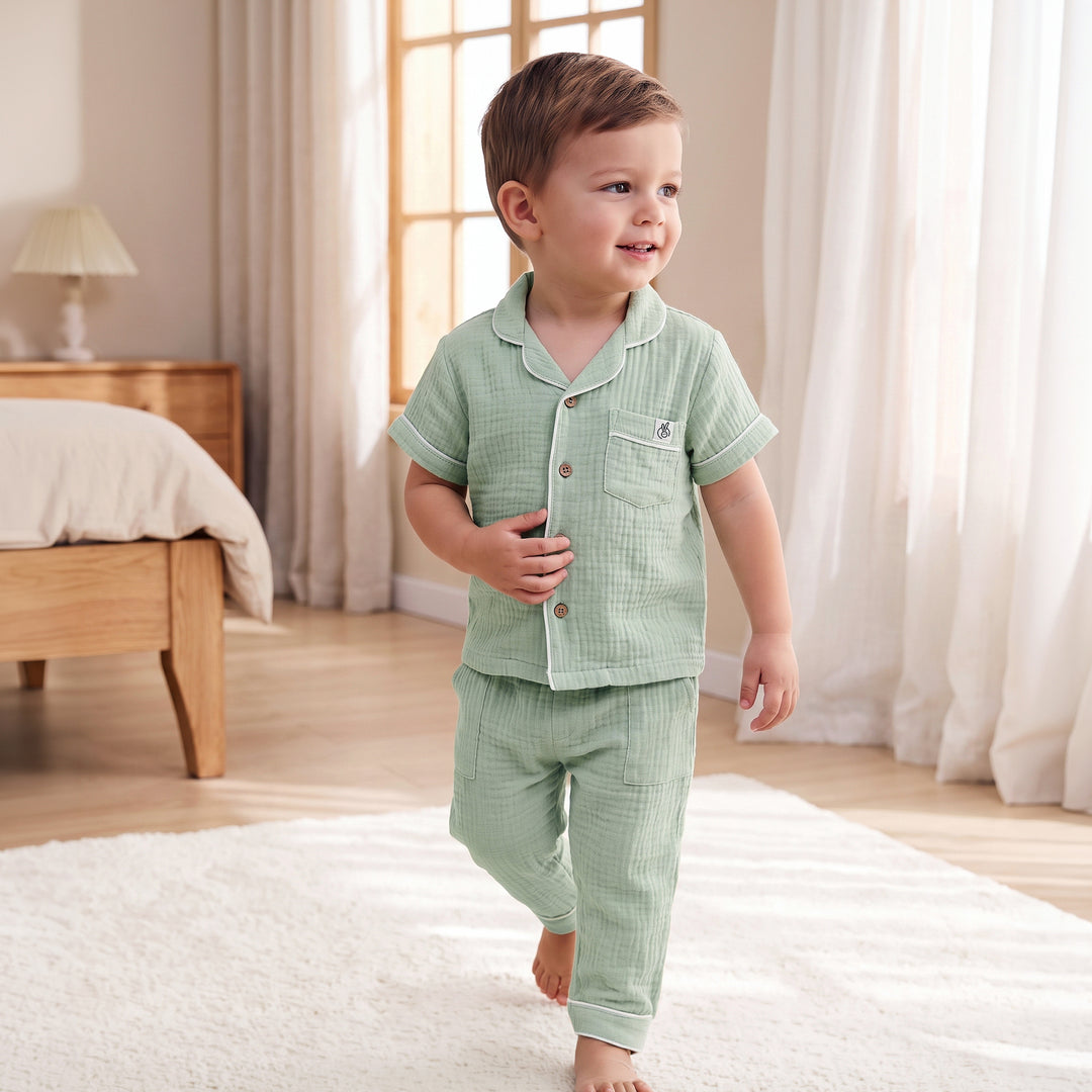 Pastelpops Sage Green Cotton Crinkle Night Suit - 2-4 Years
