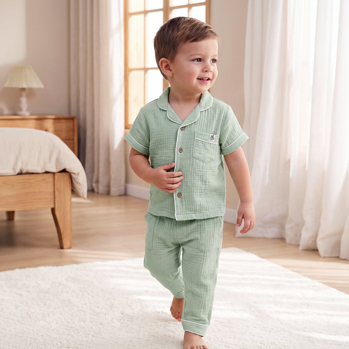Pastelpops Sage Green Cotton Crinkle Night Suit - 2-4 Years