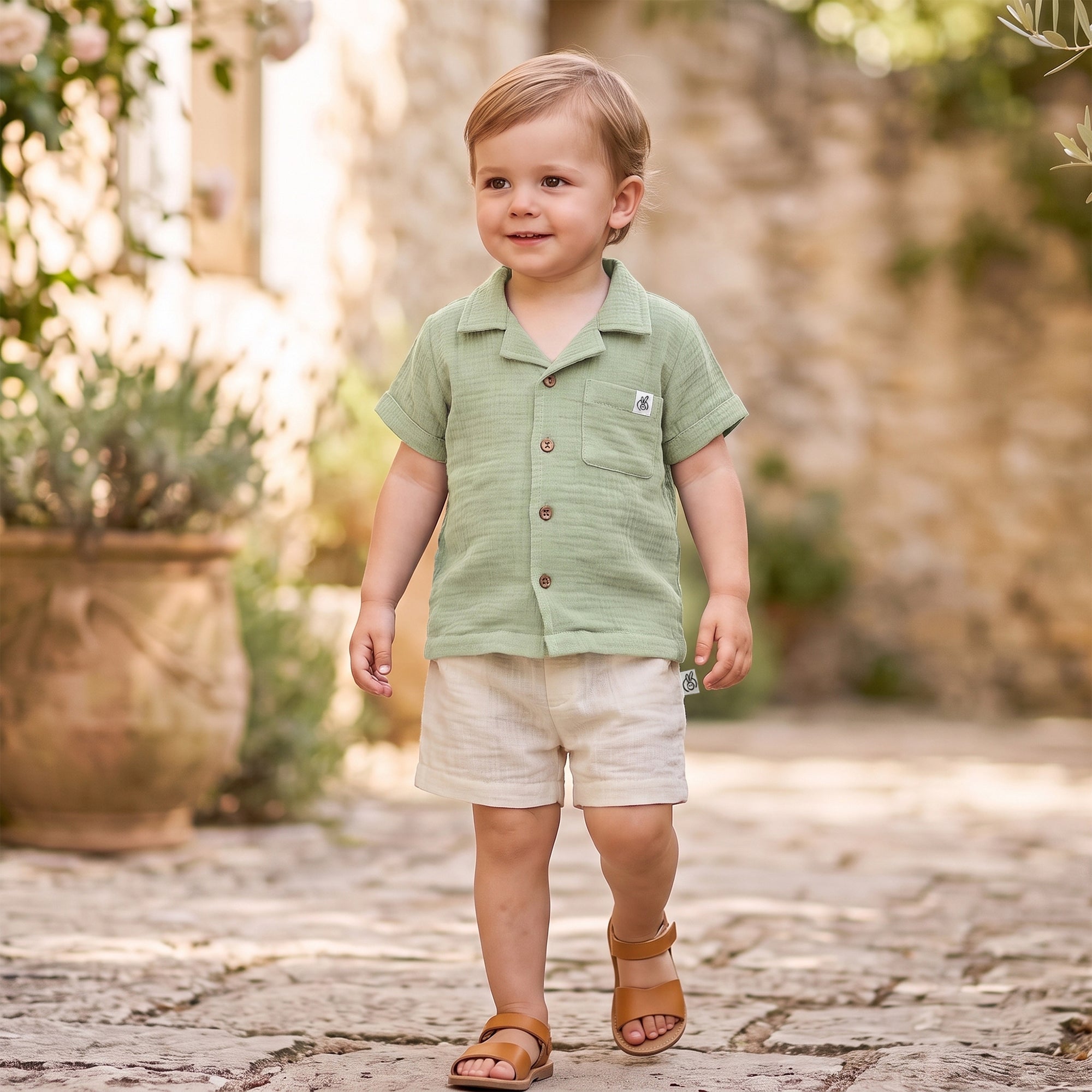 100% Crinkle Cotton Muslin Front Open Shirt with Shorts Sage Green & Off White 2-4Years