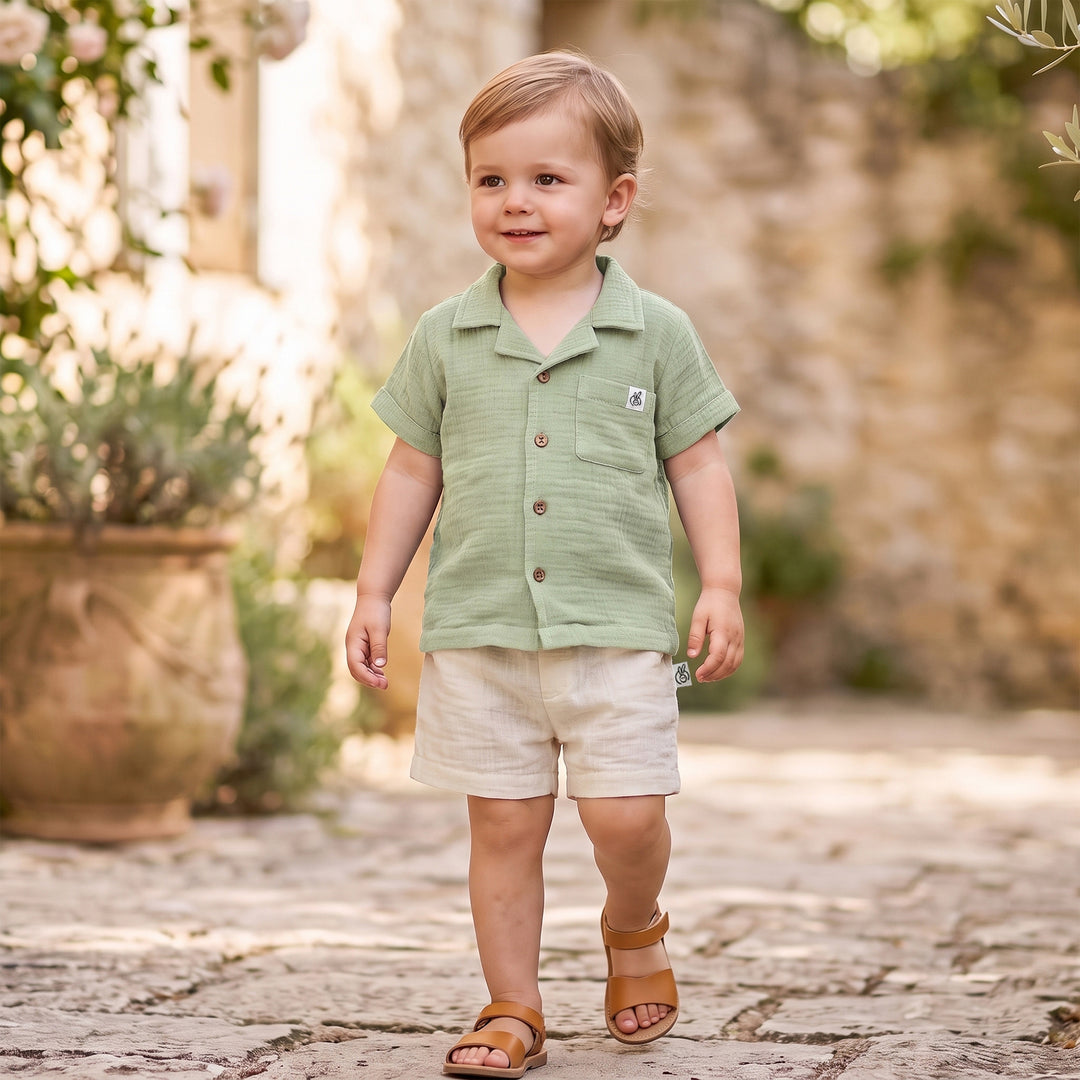 Pastelpops Sage Green & Off White Cotton Crinkle Front Open Shirt With Shorts - 2-4 Years