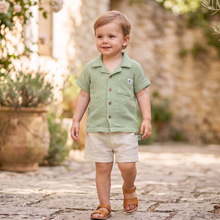 Pastelpops Sage Green & Off White Cotton Crinkle Front Open Shirt With Shorts - 2-4 Years