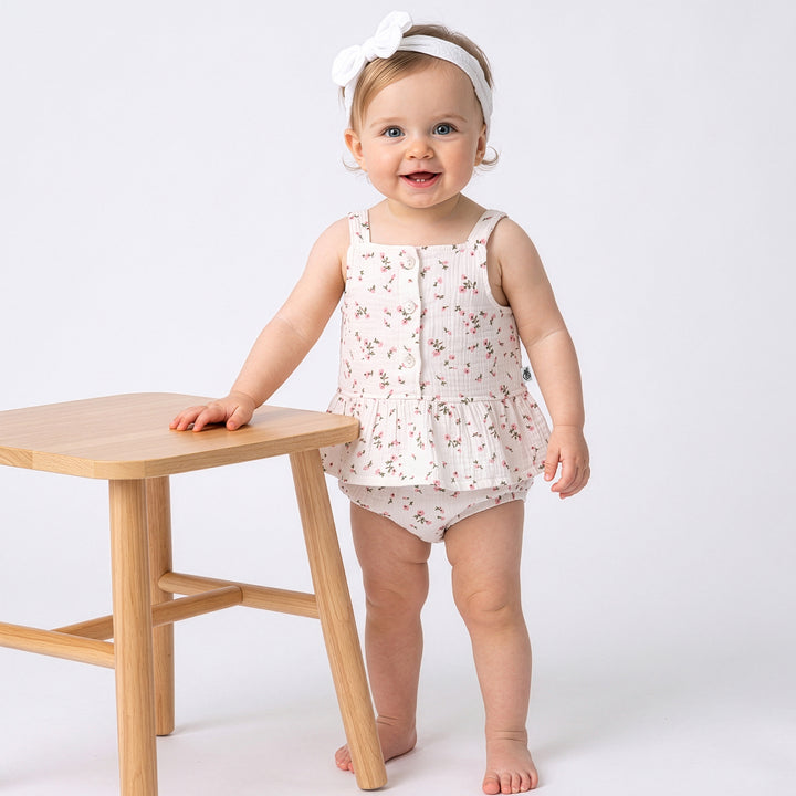 Pastelpops Off White Cotton Crinkle Frill Top & Bloomer 2-Piece Set