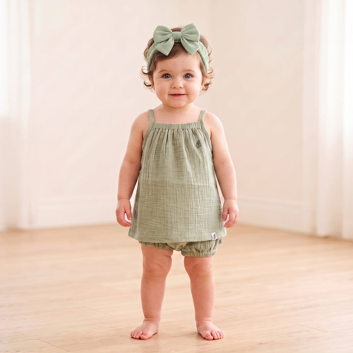 Pastelpops Sage Green Cotton Crinkle Halter Top & Bloomer