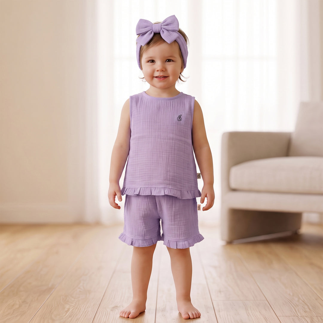 Pastelpops Purple Cotton Crinkle Frill Top & Frill Bottom - 2-4 Years