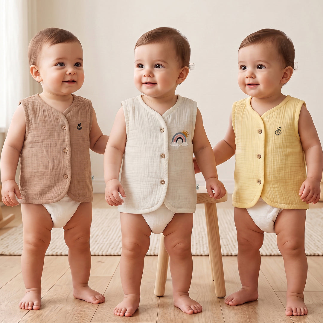 Pastelpops Multicolor Cotton Crinkle Front Open Vest Pack of 3 (Design C)