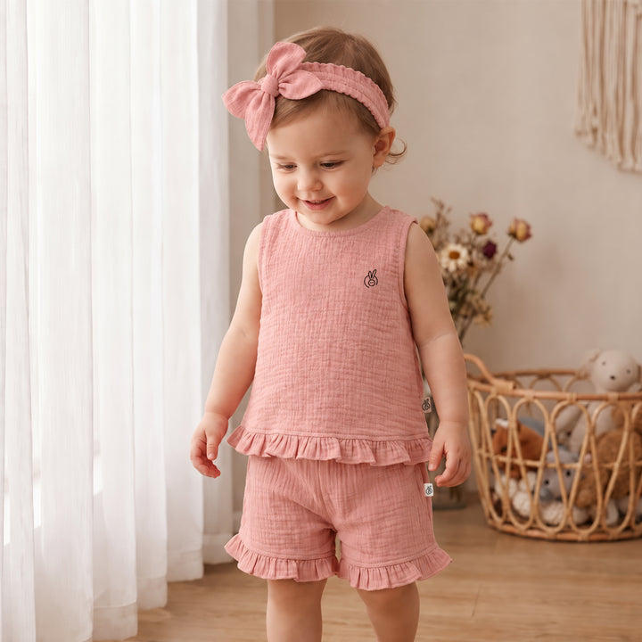 Pastelpops Dusty Rose Cotton Crinkle Frill Top & Frill Bottom