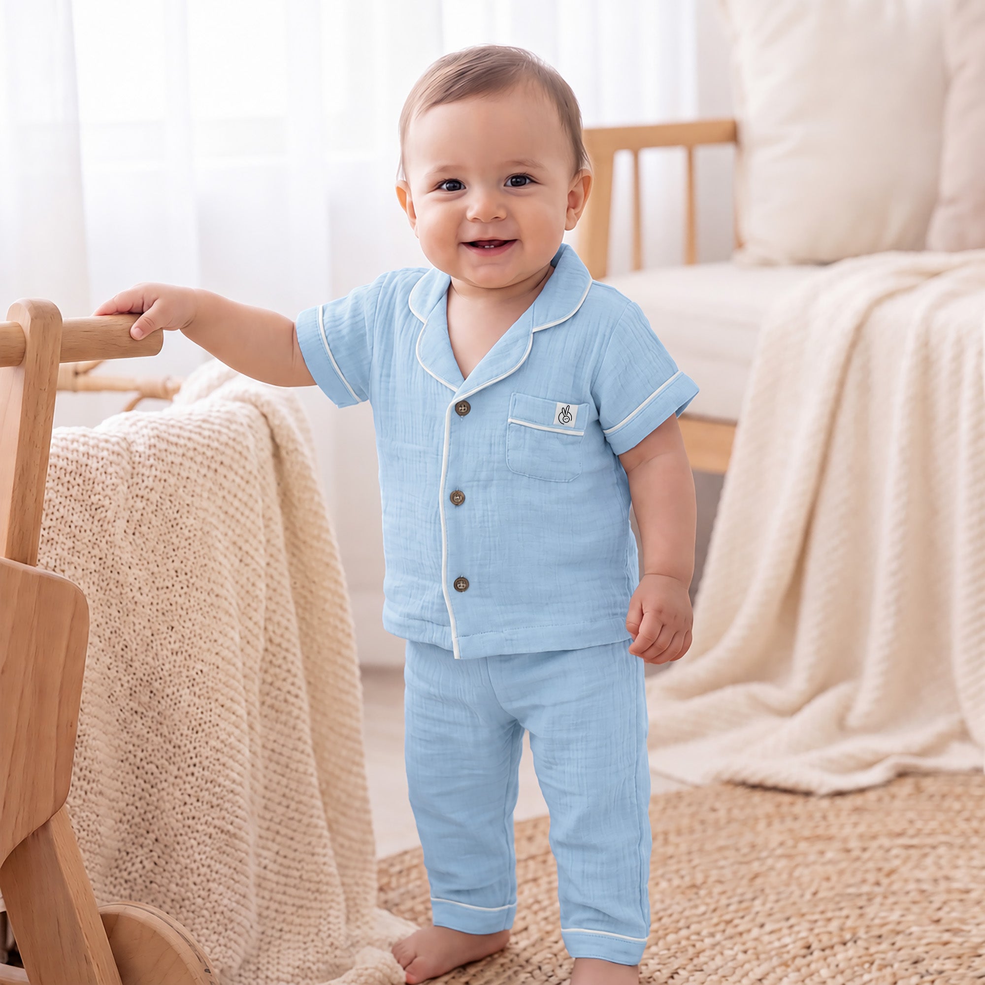 100% Crinkle Cotton Muslin Night Suit Set Powder Blue 0-2Years