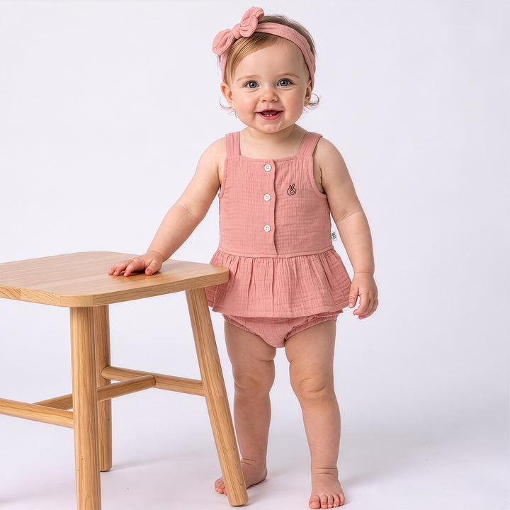 Pastelpops Dusty Rose Cotton Crinkle Frill Top & Bloomer 2-Piece Set
