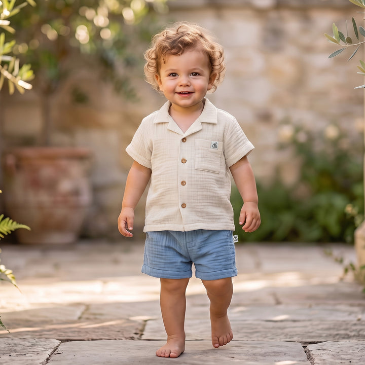 Pastelpops Off White & Powder Blue Cotton Crinkle Front Open Shirt With Shorts
