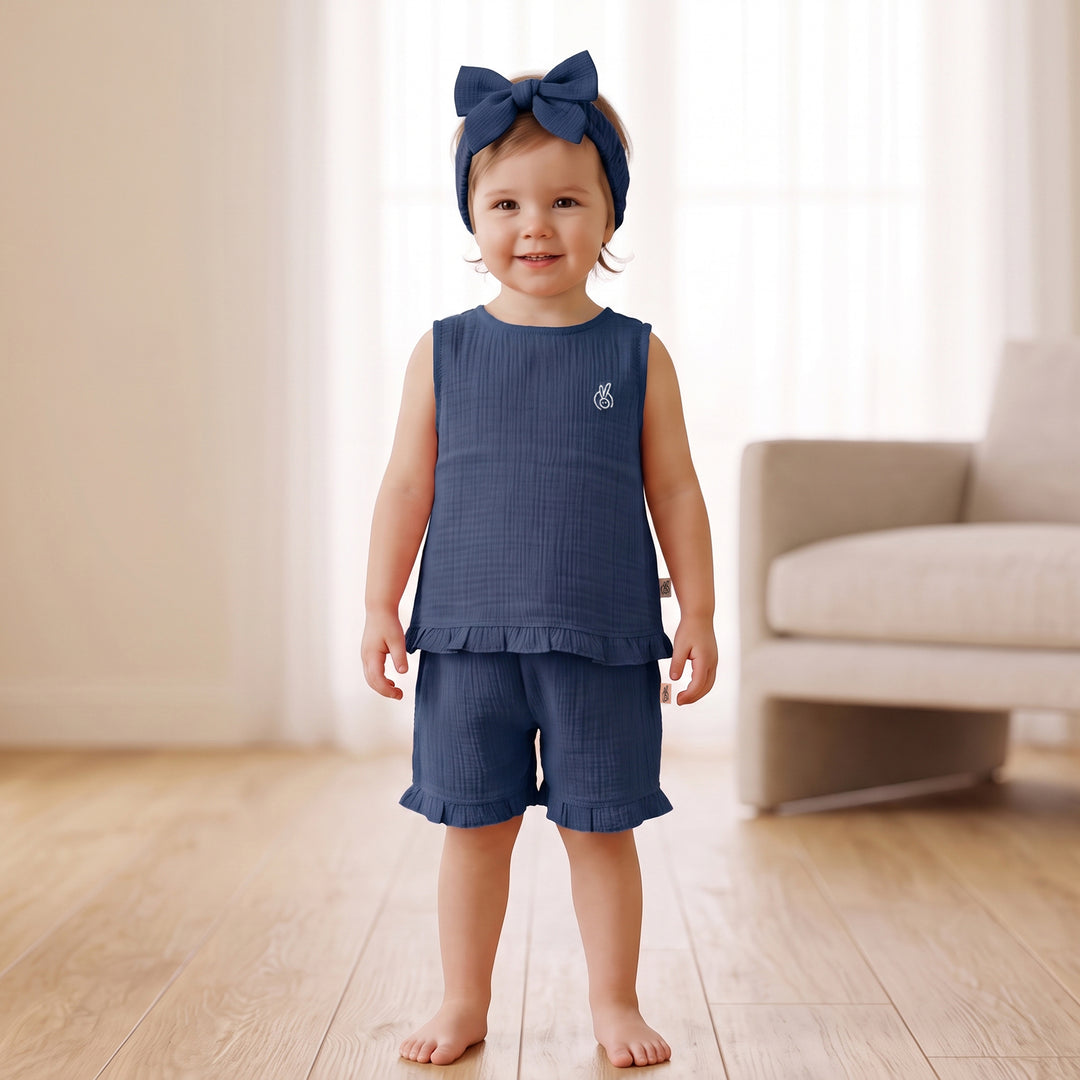 Pastelpops Light Navy Cotton Crinkle Frill Top & Frill Bottom - 2-4 Years