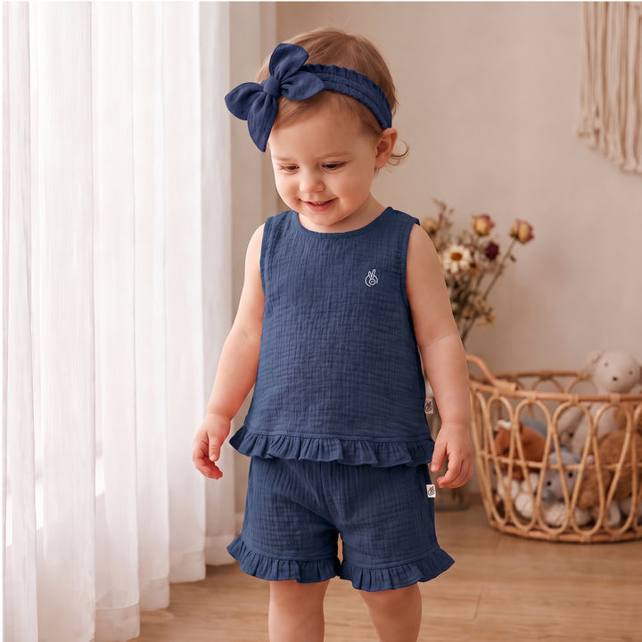 Pastelpops Light Navy Cotton Crinkle Frill Top & Frill Bottom