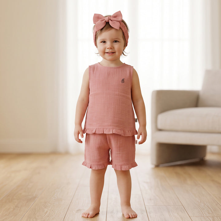 Pastelpops Dusty Rose Cotton Crinkle Frill Top & Frill Bottom - 2-4 Years