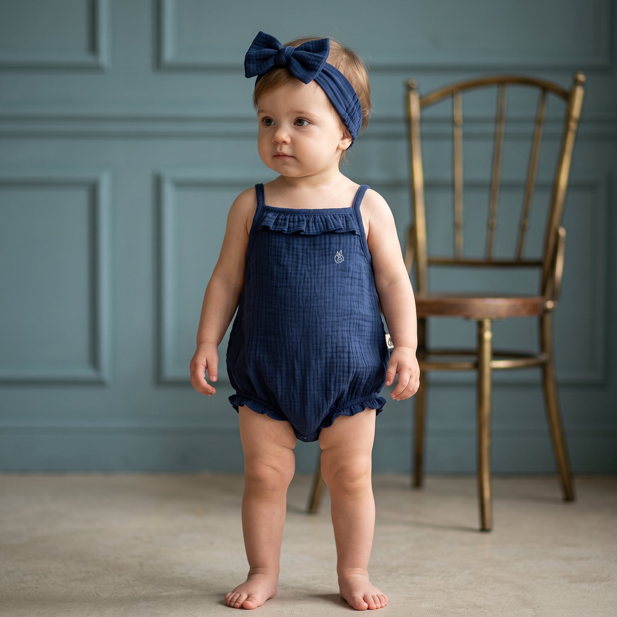 100% Crinkle Cotton Muslin Spaghetti Ruffle Onesie Light Navy 0-18Months