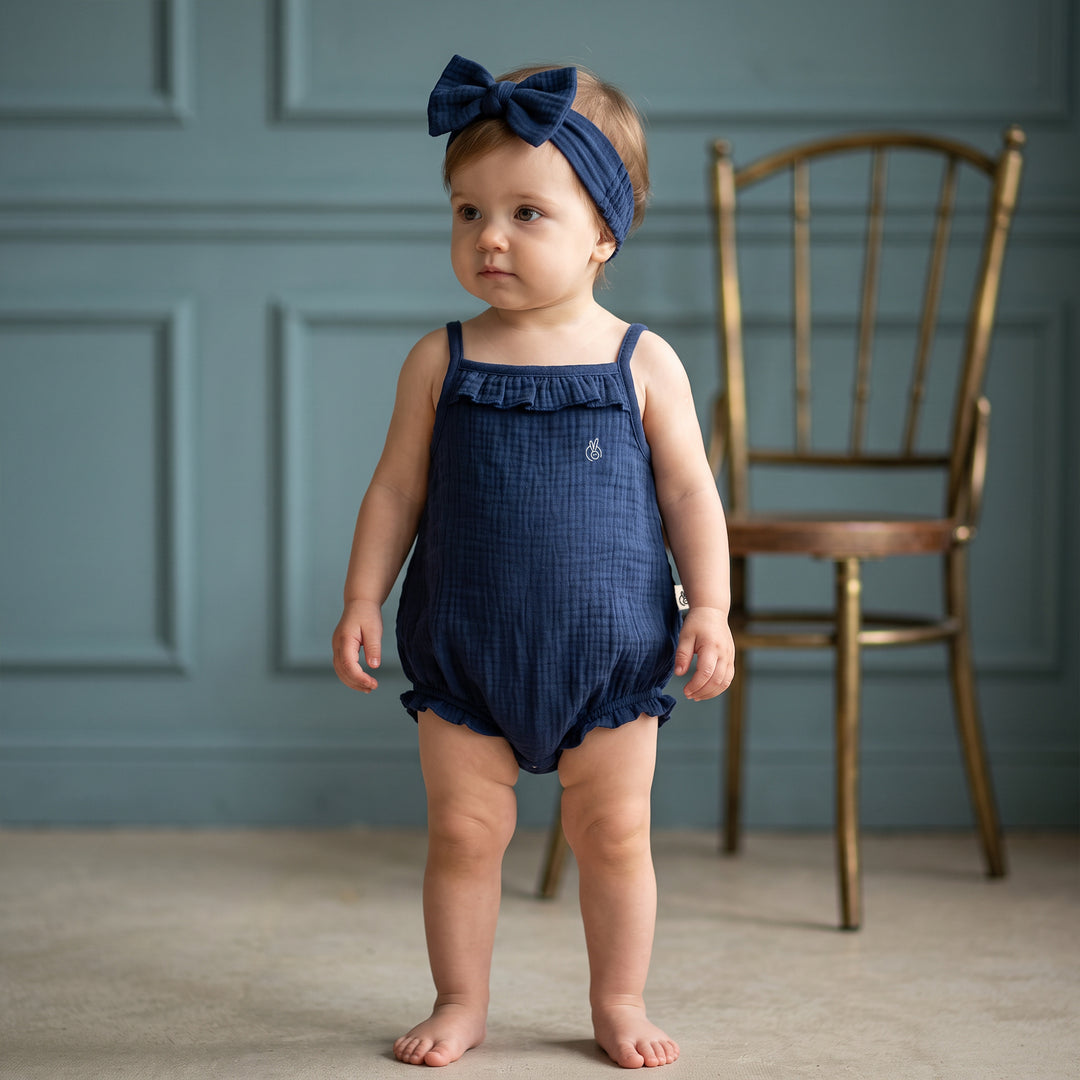 Pastelpops Light Navy Cotton Crinkle Spaghetti Ruffle Onesie