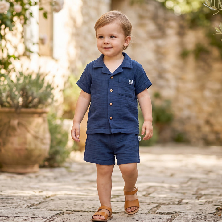 Pastelpops Light Navy Cotton Crinkle Front Open Shirt With Shorts - 2-4 Years