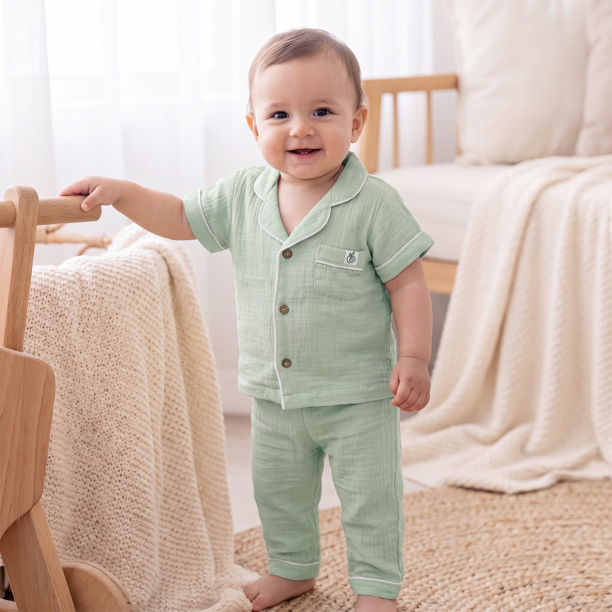 100% Crinkle Cotton Muslin Night Suit Set Sage Green 0-2Years