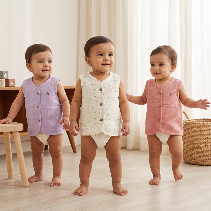 Pastelpops Multicolor Cotton Crinkle Front Open Vest Pack of 3 (Design B)