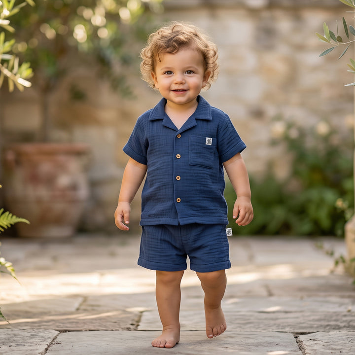 Pastelpops Light Navy Cotton Crinkle Front Open Shirt With Shorts