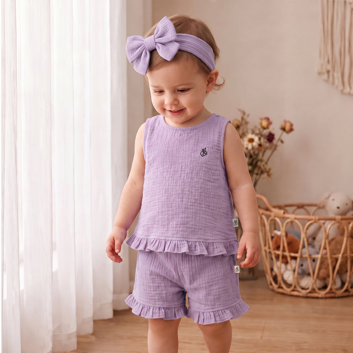 Pastelpops Purple Cotton Crinkle Frill Top & Frill Bottom