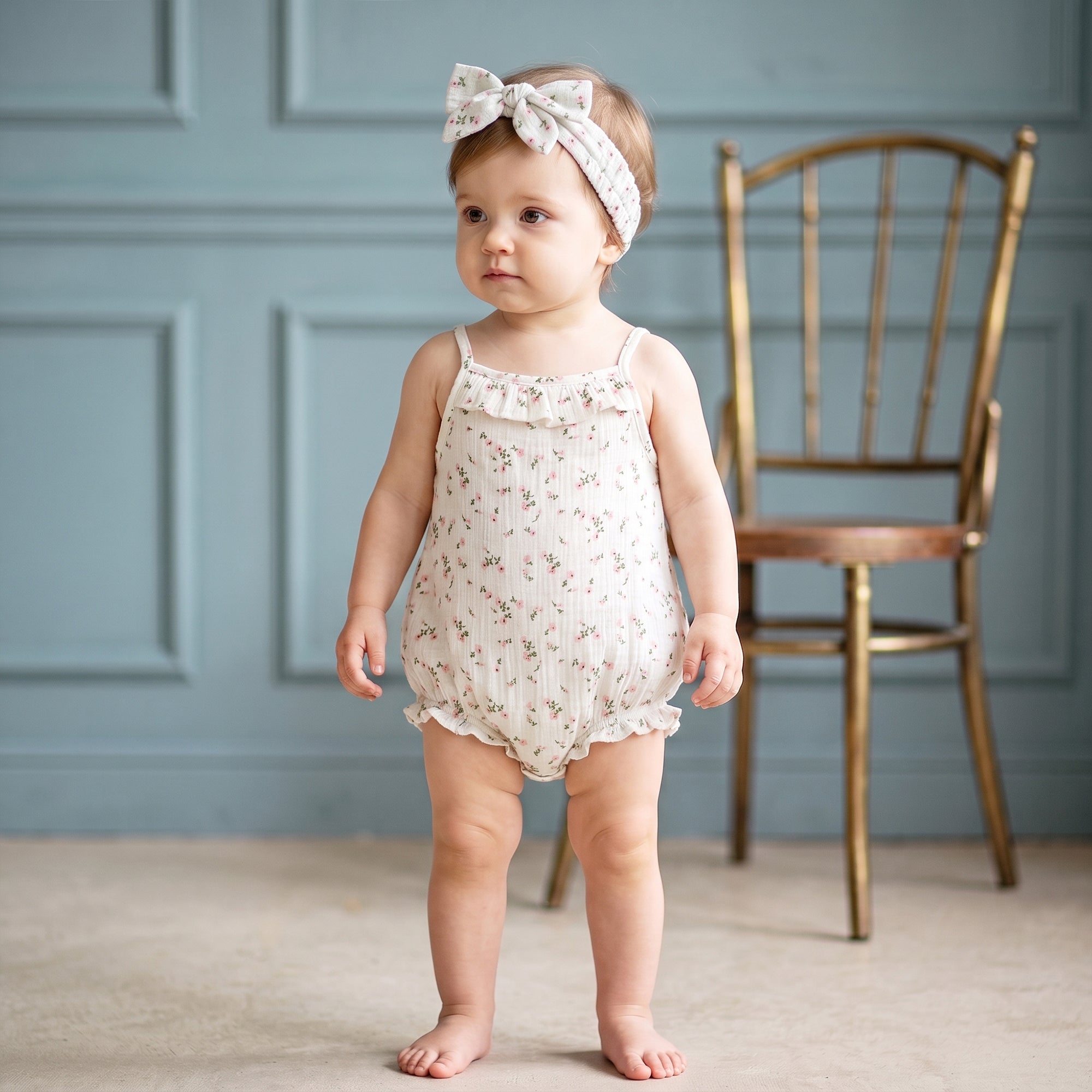100% Crinkle Cotton Muslin Spaghetti Ruffle Onesie Off White 0-18Months