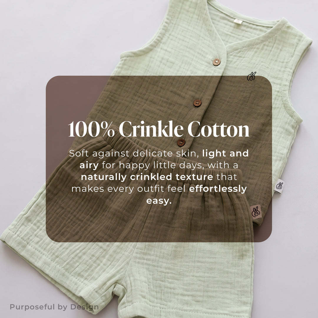 Pastelpops Sage Green Cotton Crinkle Front Open Vest With Shorts