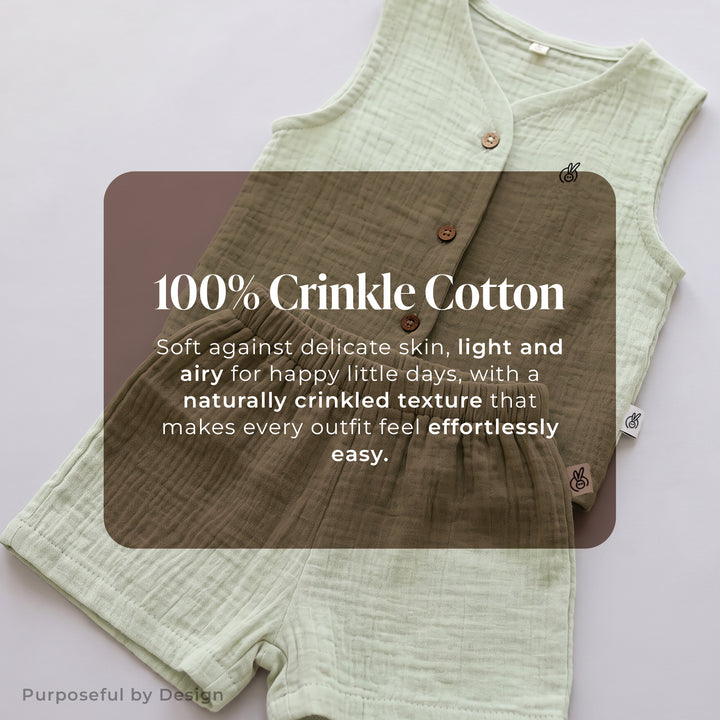 Pastelpops Sage Green Cotton Crinkle Front Open Vest With Shorts
